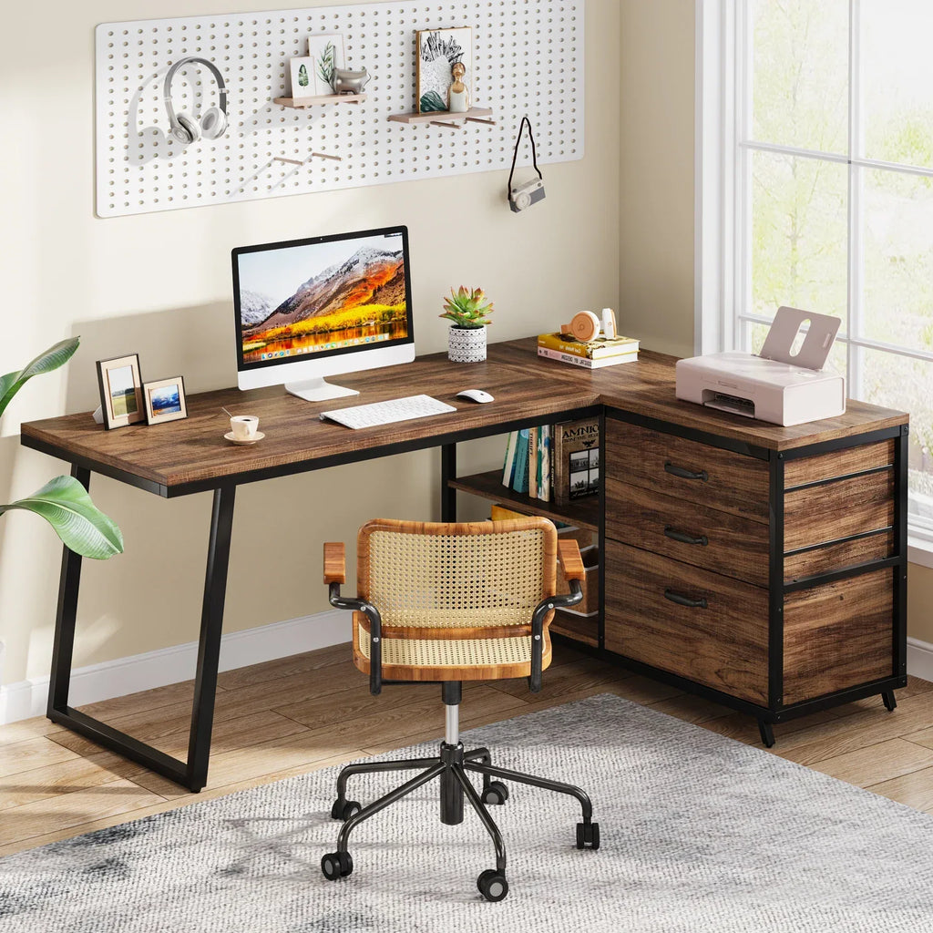 Tribesigns L-Shaped Computer Desk with 3 Drawers, Reversible Corner Home Office Desk with Shelves, 53-Inch Industrial PC Desk St - Bobobiy