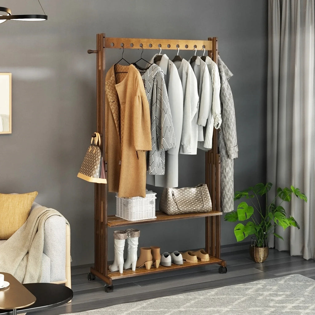Hall Tree Hat and Coat Stand Entryway Hallway Clothes Rail Rack, 2 Shoe Shelves with Wheels, Open Wardrobe