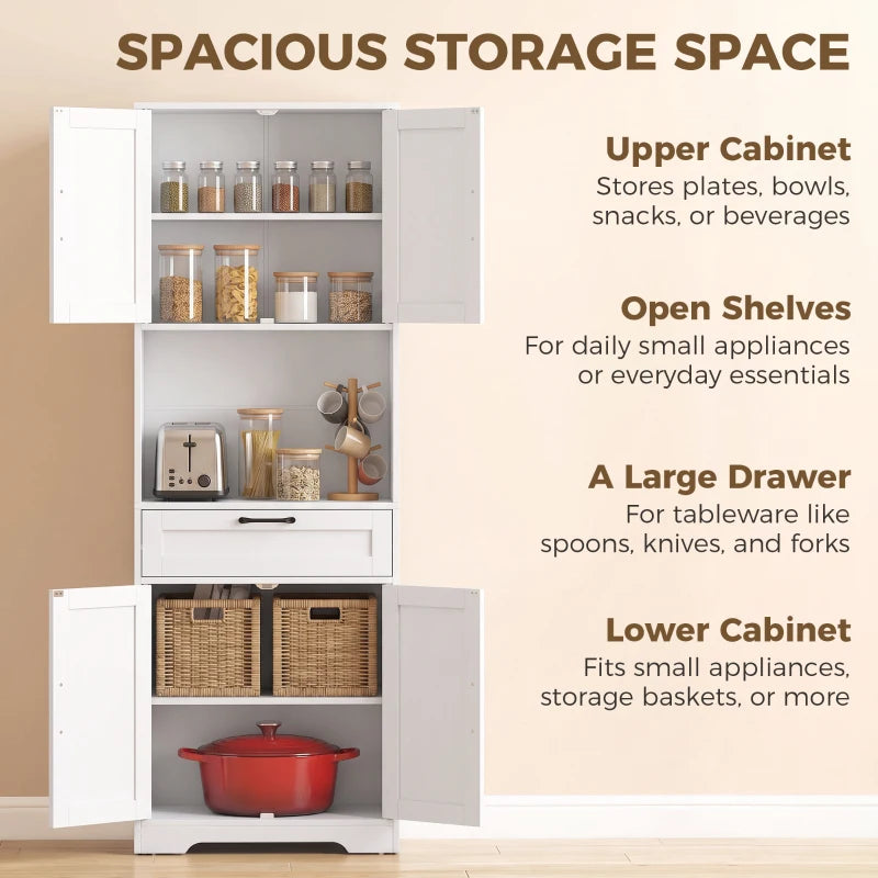 White pantry cabinet with open shelves, upper cabinet doors, and large drawer
