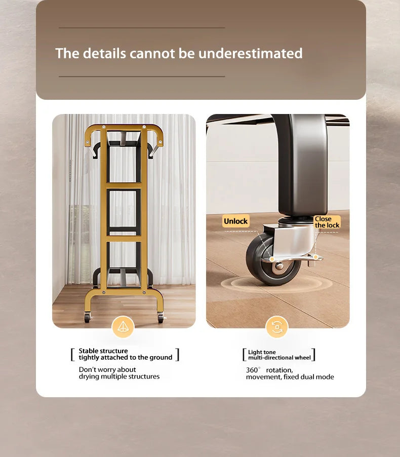 Movable Coat Rack With Universal Wheels Multifunctional Double-deck Simple Clothes Hanger Floor-Standing Bedroom Wardrobe