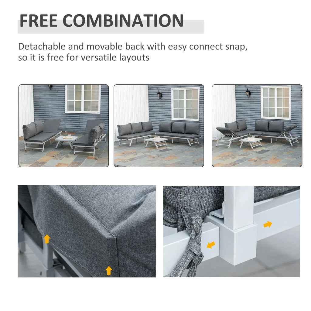 3 Pieces Garden Furniture Sets, 6 Seater Corner Sofa Set with Adjustable Backrest Chase Lounge with Slatted Metal Top Table, Padded Cushion, Grey - Bobobiy