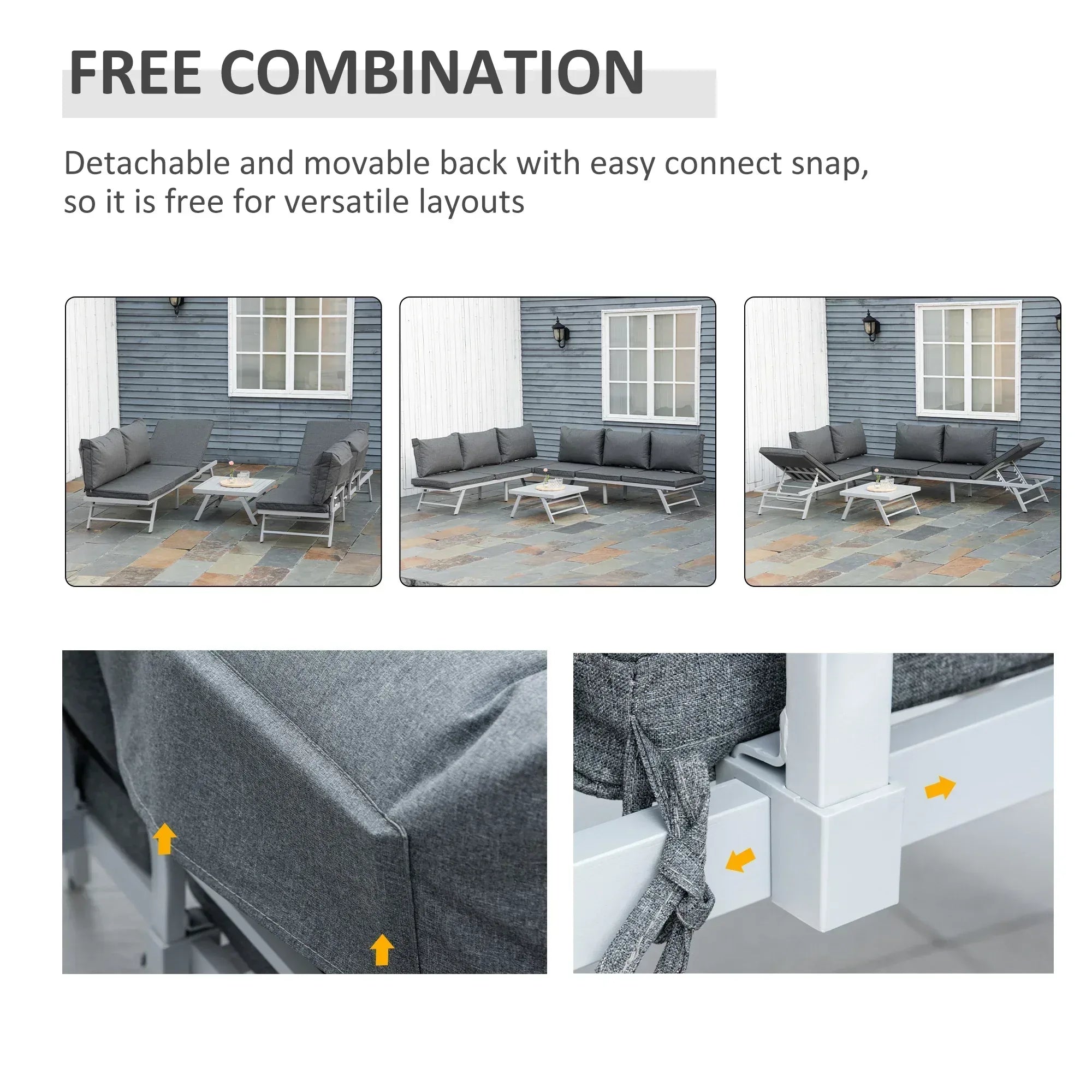 3 Pieces Garden Furniture Sets, 6 Seater Corner Sofa Set with Adjustable Backrest Chase Lounge with Slatted Metal Top Table, Padded Cushion, Grey - Bobobiy