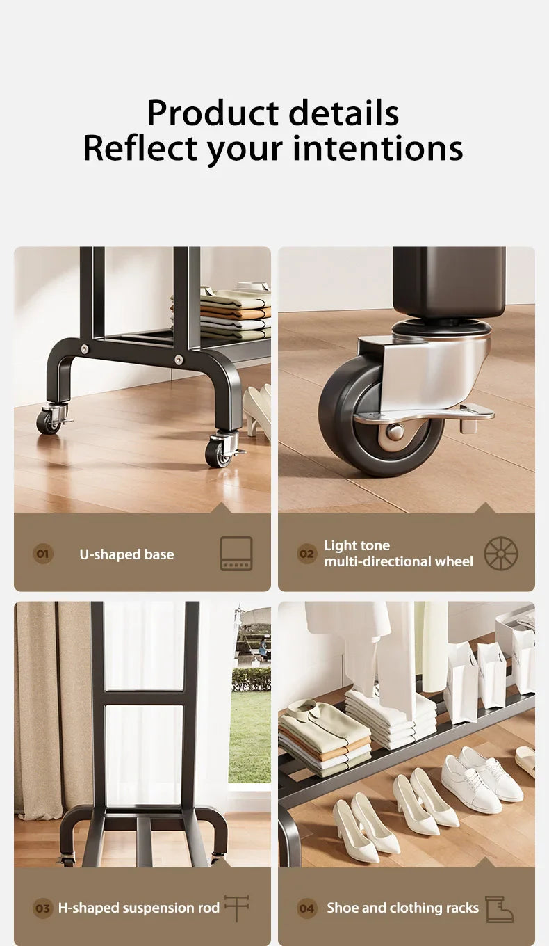 Movable Coat Rack With Universal Wheels Multifunctional Double-deck Simple Clothes Hanger Floor-Standing Bedroom Wardrobe
