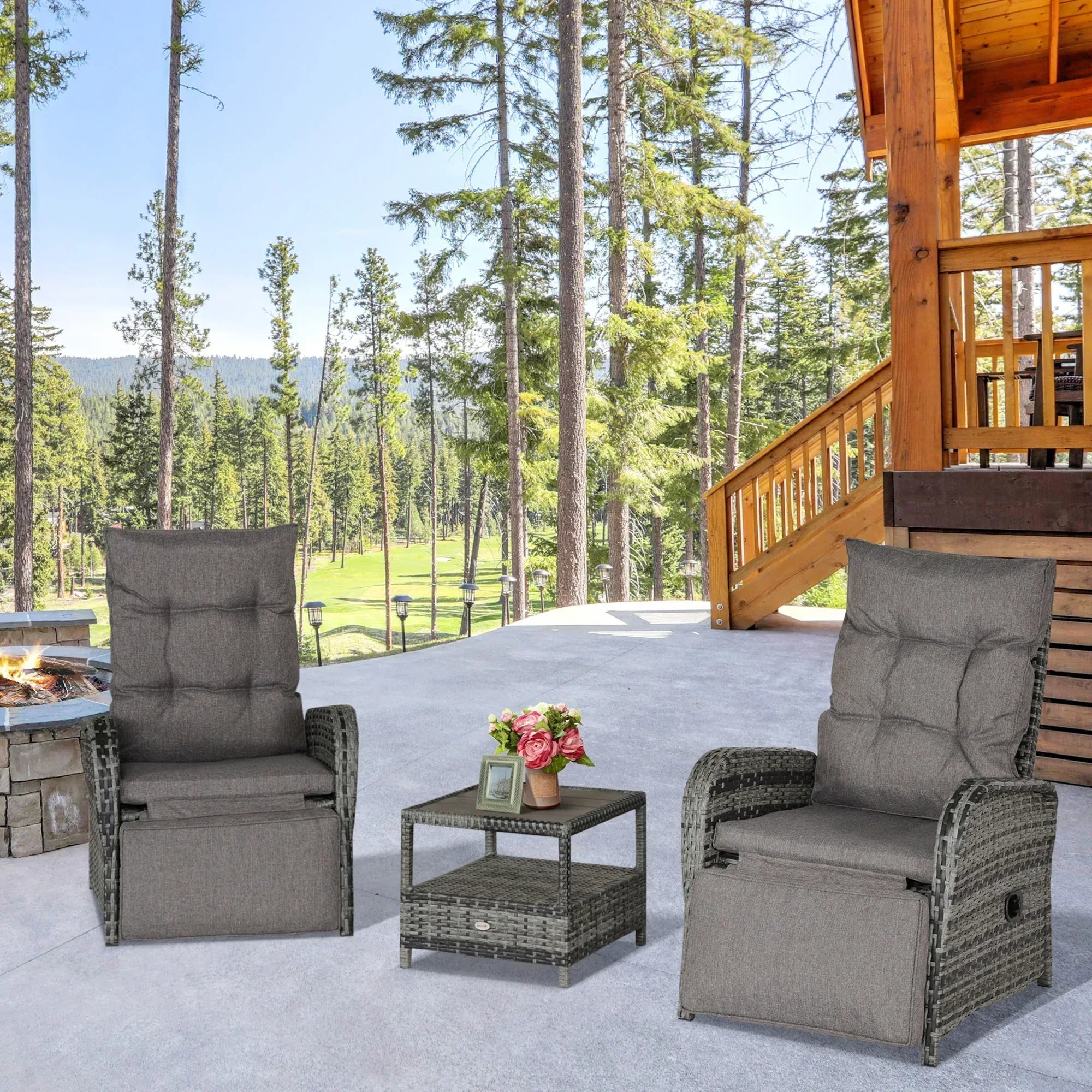 2 Seater Patio Wicker Chaise Lounge Sofa Set with Fabric Cushion, Grey - Bobobiy