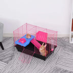 Pink wire small animal enclosure with black base, blue play platform, and magenta tunnel.