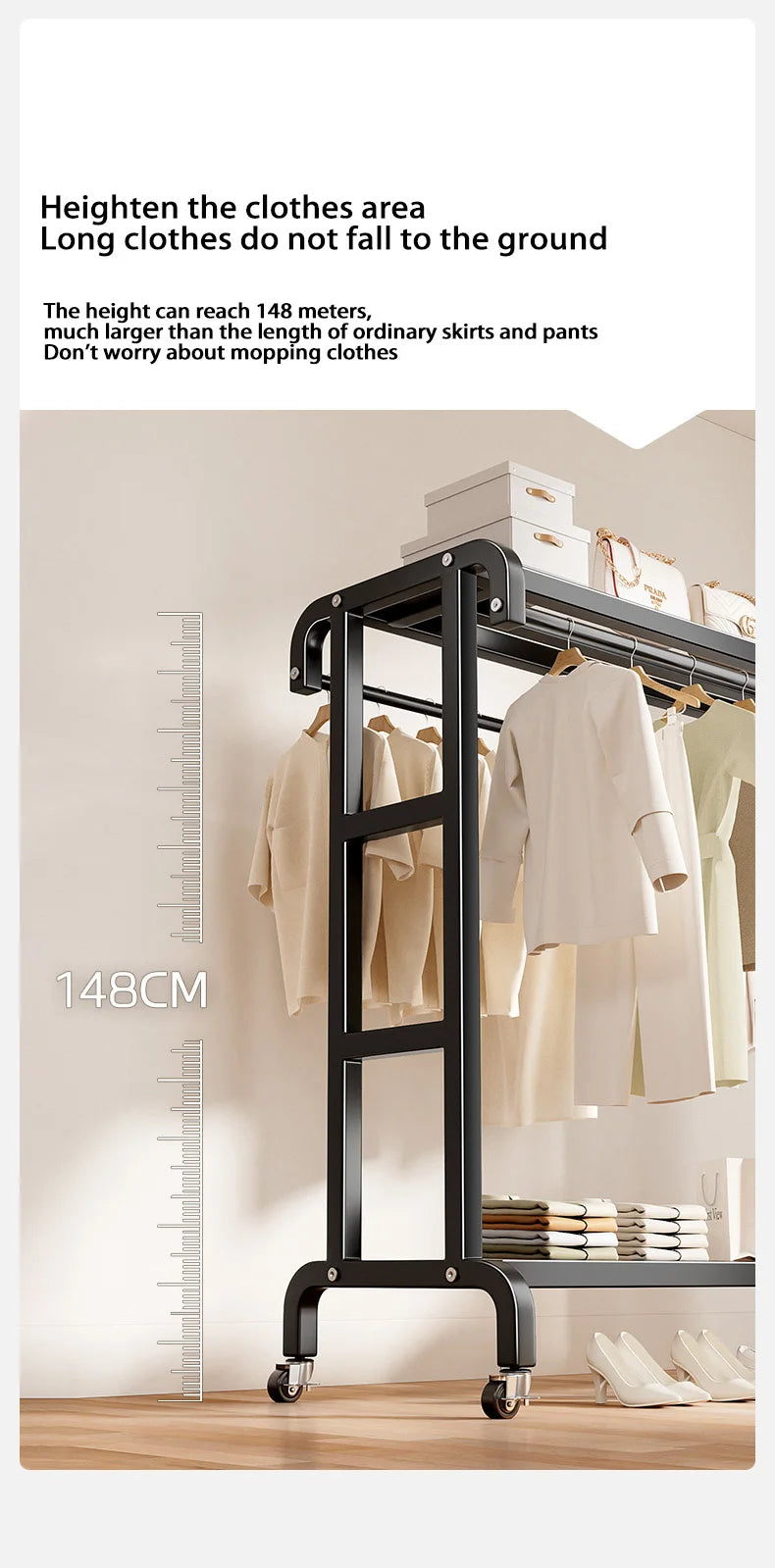 Movable Coat Rack With Universal Wheels Multifunctional Double-deck Simple Clothes Hanger Floor-Standing Bedroom Wardrobe