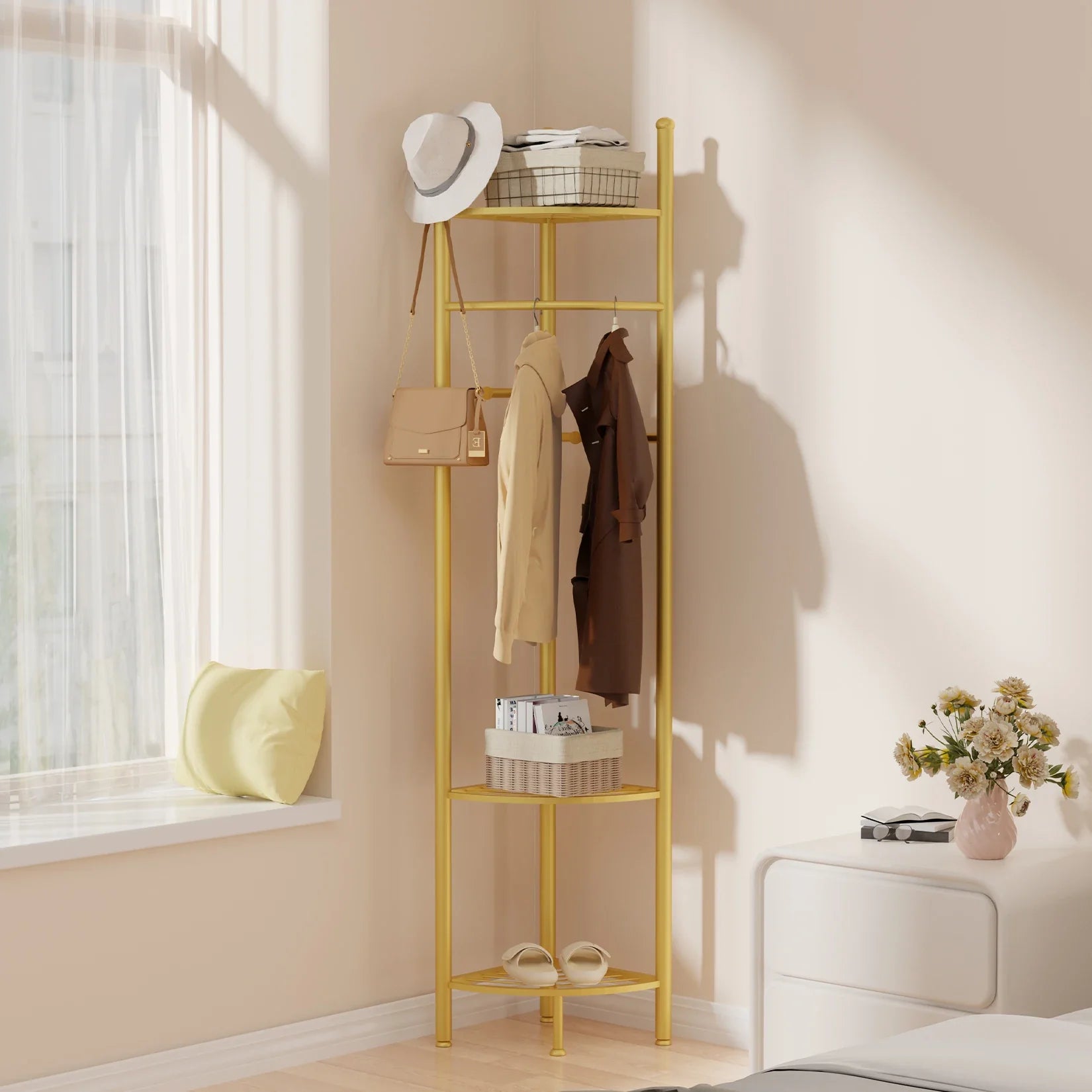 Freestanding Coat Rack with Shelve, Heavy Duty Corner Clothes, Hat Clothes Hall, Tree Stand, Gold Metal, Bedroom, Hallway