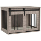 Dog crate furniture with open front bars, wood-look panels, and removable cushion top