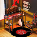 Black LED computer desk with open shelves and extended top for dual monitors