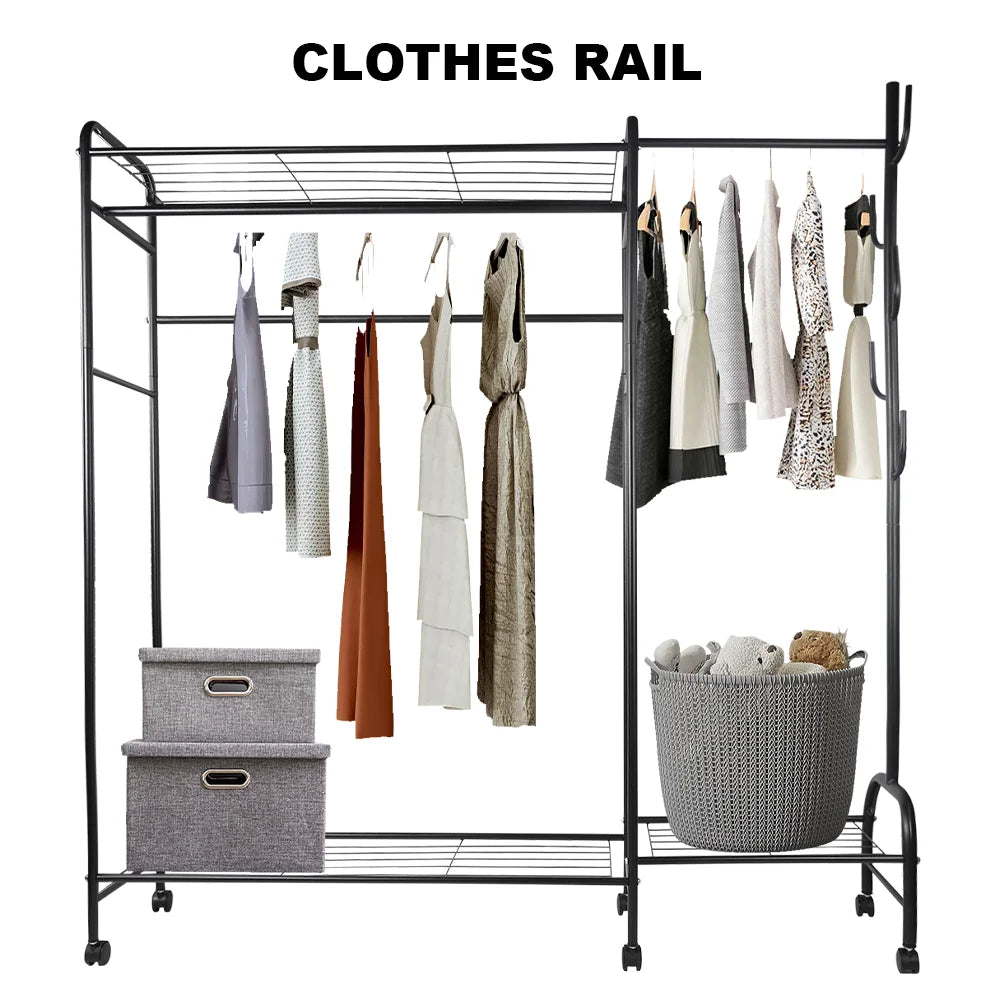 Coat Rack Movable Double Tier - Floor Standing Clothes Rail with Wheels for Bedroom Storage