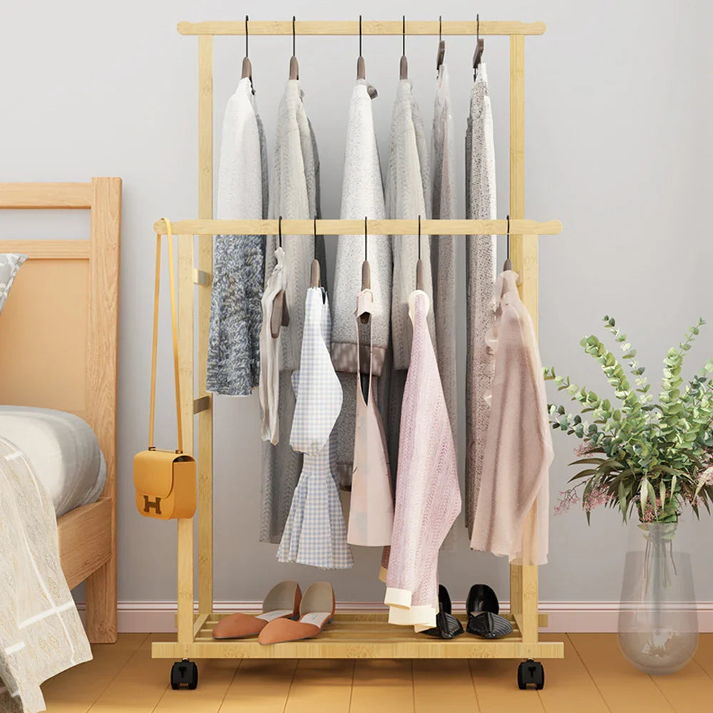 Double Layer Garment Hanging Display Stand Rack, Clothes Rail with Rolling Wheel, Heavy Duty, Wardrobe
