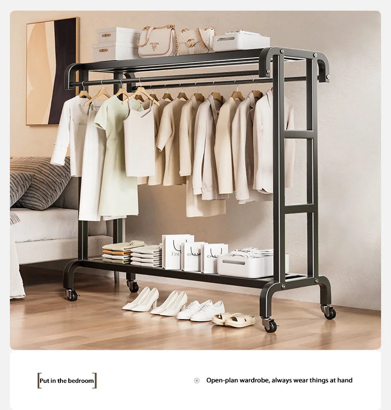 Movable Coat Rack With Universal Wheels Multifunctional Double-deck Simple Clothes Hanger Floor-Standing Bedroom Wardrobe