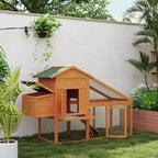Wooden chicken coop in backyard with elevated nesting house, ramp to mesh run