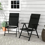 Two black padded folding garden chairs with mesh backrests and cushioned seats