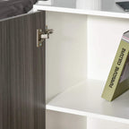 Grey cabinet door hinge with open storage compartment inside the sideboard