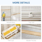 White bird cage details: multiple doors, tray lock, feed cups, wooden perches