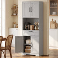 Grey kitchen pantry cabinet with open shelves and lower cabinet doors, freestanding