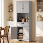Grey kitchen pantry cabinet with open shelves and lower cabinet doors, freestanding