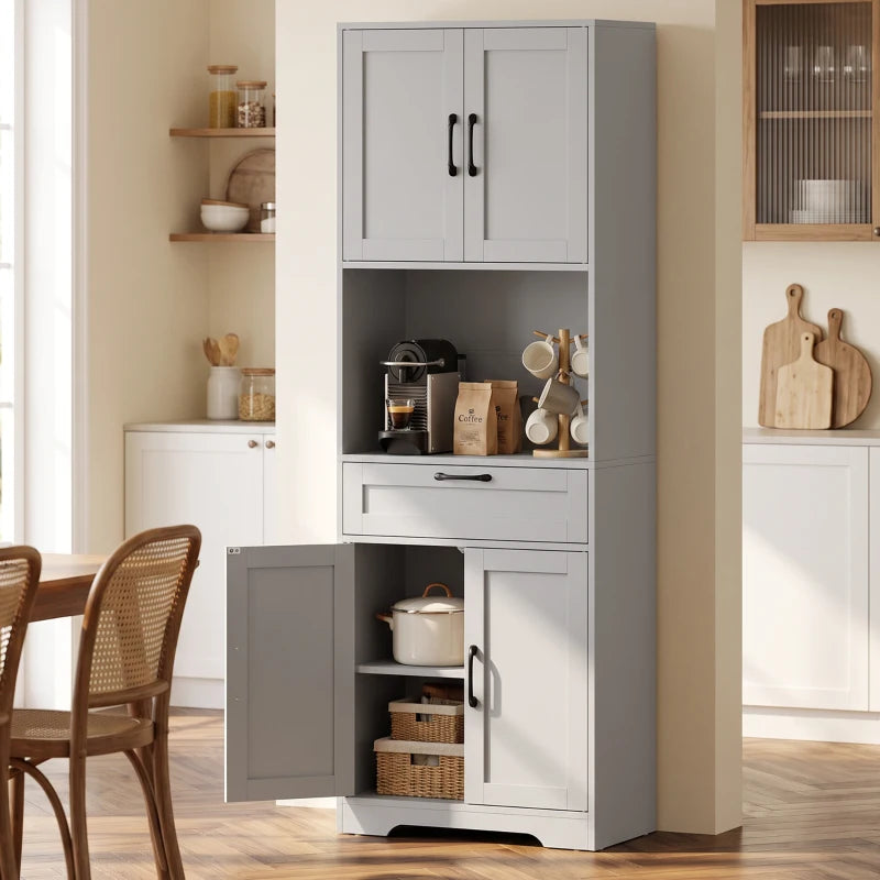 Grey kitchen pantry cabinet with open shelves and lower cabinet doors, freestanding