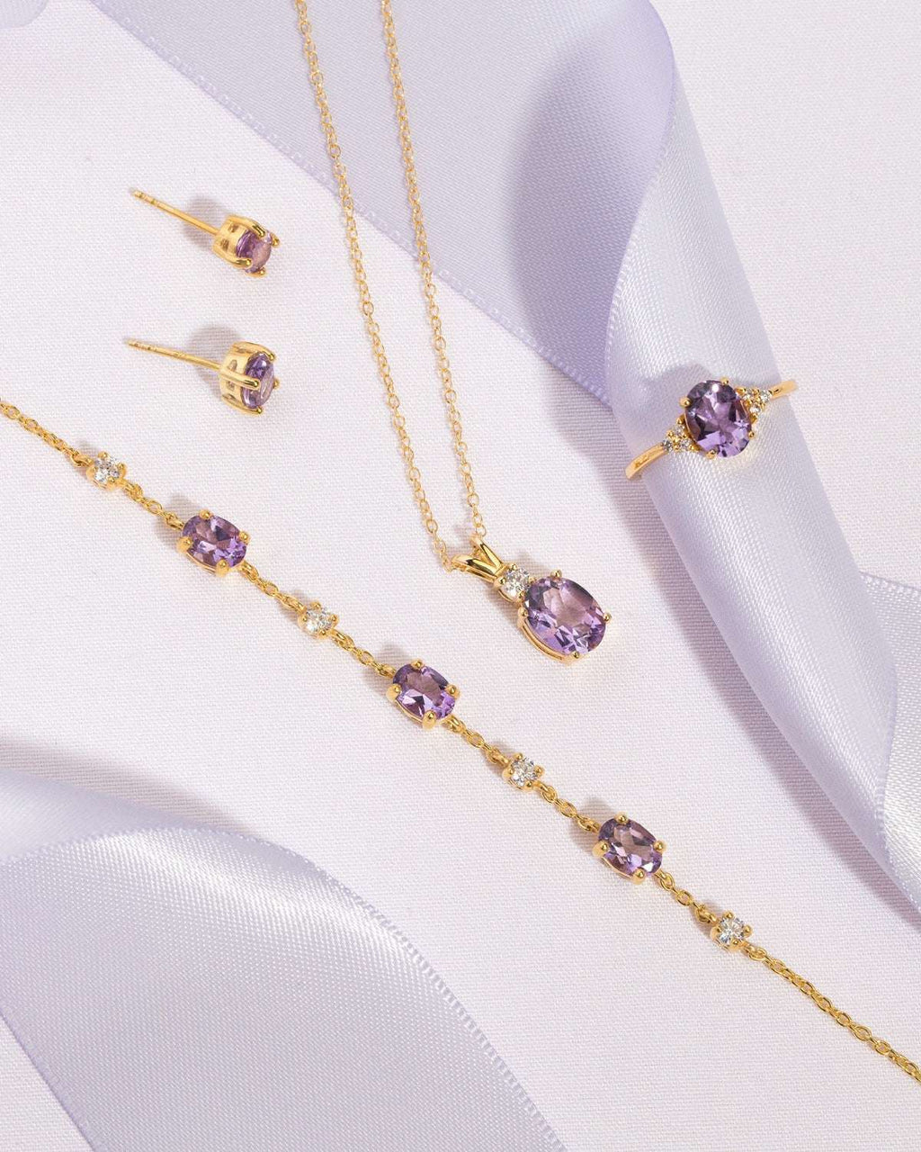 18k gold vermeil jewelry set with amethyst purple gemstones: necklace and earrings