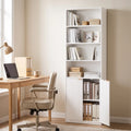 White bookshelf with open upper shelves and hinged ribbed double doors
