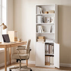 White bookshelf with open upper shelves and hinged ribbed double doors