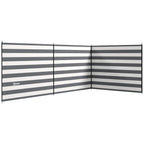 Grey and white striped outdoor windbreak with steel poles, 4-panel privacy screen
