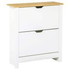 White narrow shoe cabinet with two flip drawers and wood-look top