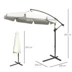 Cream banana cantilever umbrella with crank pole and cross base, side view