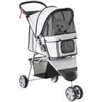 Grey three-wheel pet stroller with mesh sides, front canopy, and storage basket
