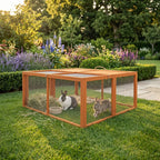 Orange outdoor rabbit hutch with wire front panels and roof mesh top.