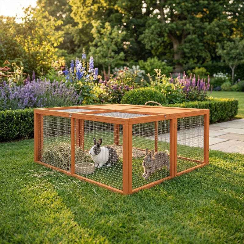 Orange outdoor rabbit hutch with wire front panels and roof mesh top.