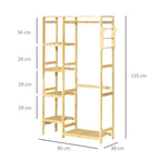 Bamboo clothes rack with open shelves and size markers (155 cm tall)