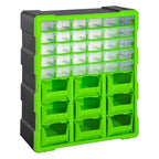 Green plastic 39-drawer parts organizer with clear top bins and rows of small drawer compartments