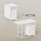 White foldable office desk with 3 drawers and caster wheels, size diagram