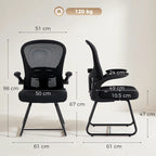 Black mesh-back reception chair with flip-up armrests, lumbar support, metal base