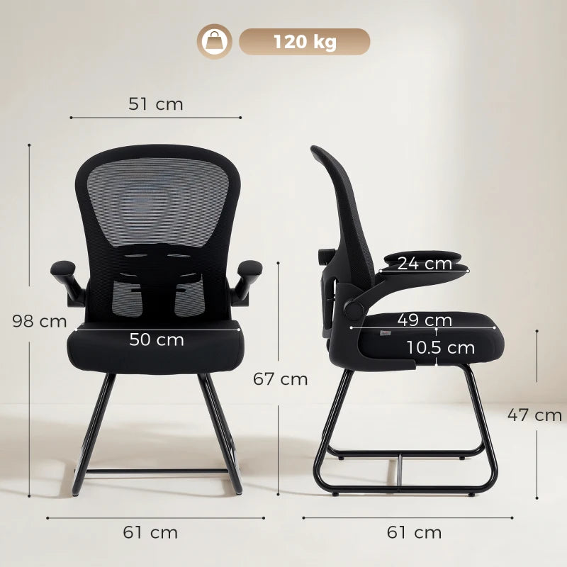 Black mesh-back reception chair with flip-up armrests, lumbar support, metal base