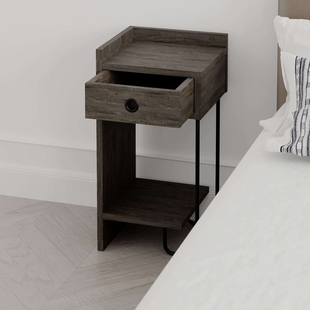 Wood bedside table module with drawer and open shelf, supported by black metal U-legs