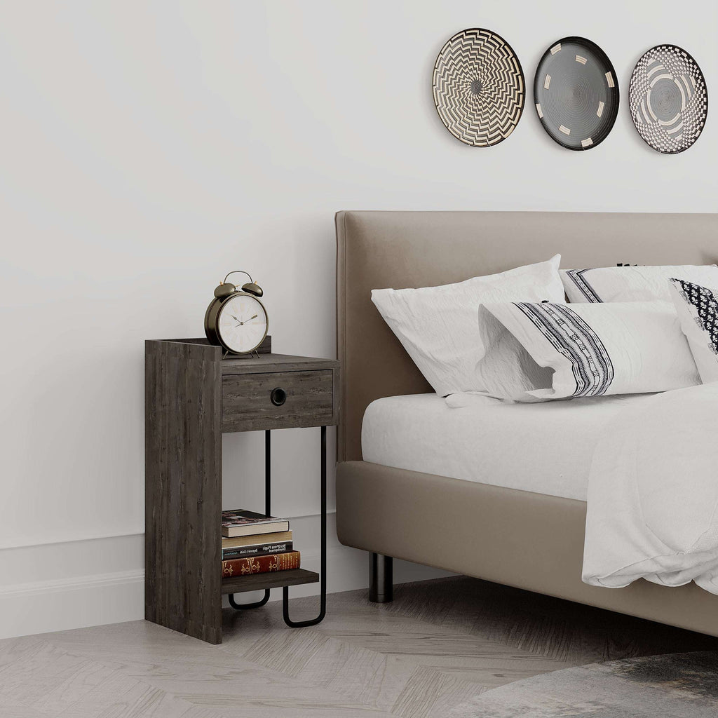 Dark wood bedside table module with drawer, open shelf, and black metal base legs