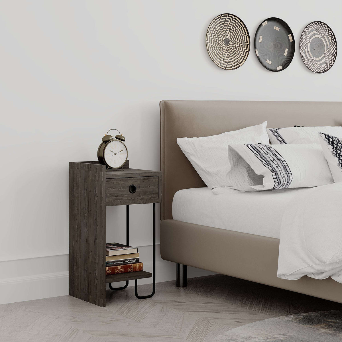 Dark wood bedside table module with drawer, open shelf, and black metal base legs