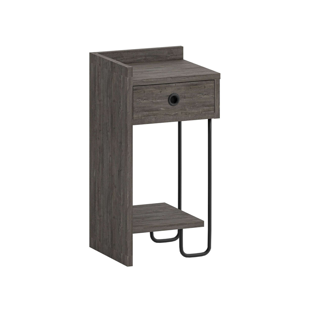 Dark wood bedside table module with single drawer, open shelf, and black metal legs