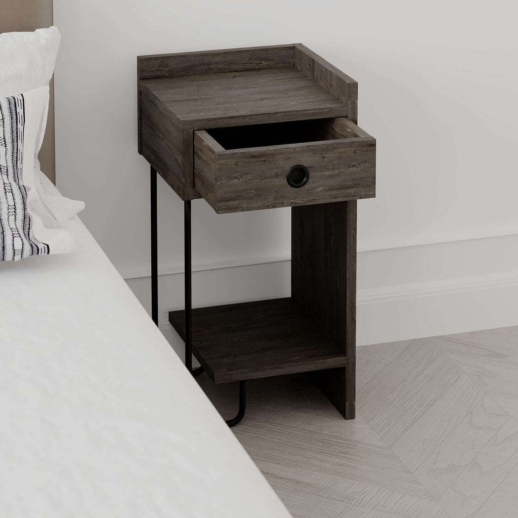 Dark wood bedside table right module with drawer and open storage shelf, black metal legs