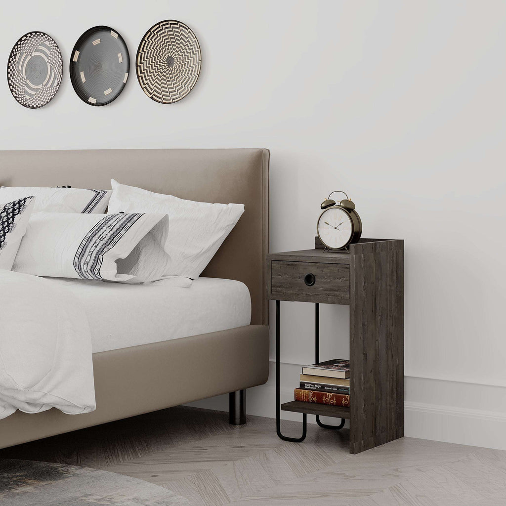 Dark wood bedside table right module with drawer and open lower shelf, black metal frame legs