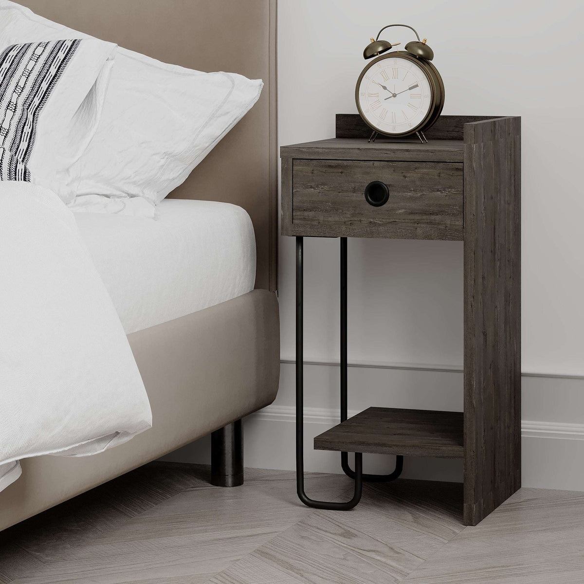 Dark wood bedside table right module with drawer and open shelf, black metal U-shaped legs