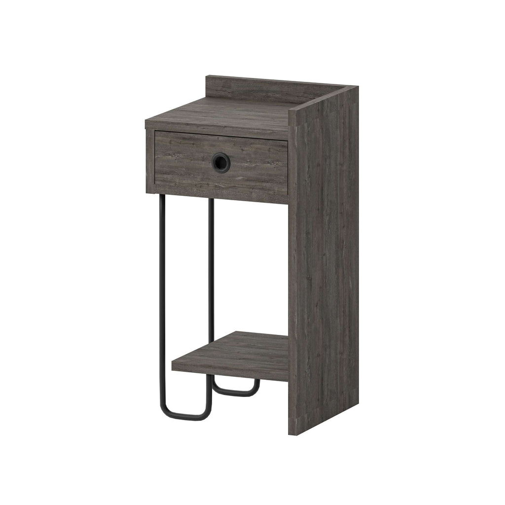Dark wood bedside table right module with drawer and open shelf, black metal U-shaped frame