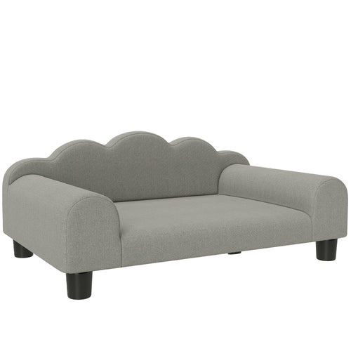 Grey dog sofa bed with scalloped backrest, armrests, and black legs