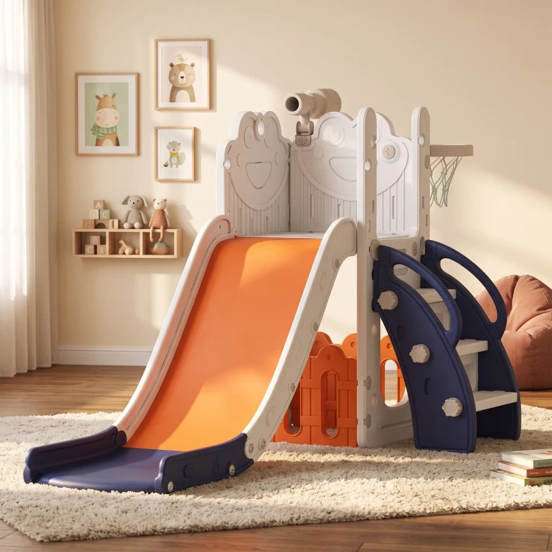 Kids slide playset with orange slide, navy climbing wall, and basketball hoop