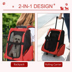 Red pet carrier backpack with mesh sides and zipper openings for backpack or rolling use
