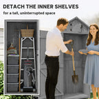 Grey wooden garden shed with open double doors and internal storage shelves