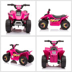 Pink kids electric ride-on ATV quad bike shown from multiple angles with black seat